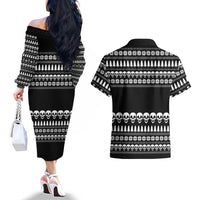 Creepy Christmas Couples Matching Off The Shoulder Long Sleeve Dress and Hawaiian Shirt with Skulls Trees and Gothic Holiday Pattern - undefined