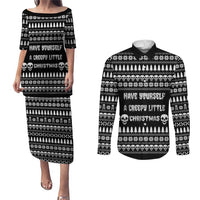 Creepy Christmas Couples Matching Puletasi and Long Sleeve Button Shirt with Skulls Trees and Gothic Holiday Pattern - Wonder Print Shop