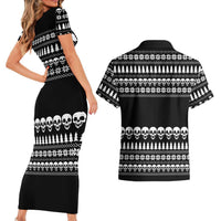 Creepy Christmas Couples Matching Short Sleeve Bodycon Dress and Hawaiian Shirt with Skulls Trees and Gothic Holiday Pattern - Wonder Print Shop