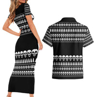 Creepy Christmas Couples Matching Short Sleeve Bodycon Dress and Hawaiian Shirt with Skulls Trees and Gothic Holiday Pattern - Wonder Print Shop