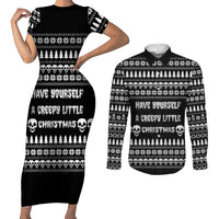 Creepy Christmas Couples Matching Short Sleeve Bodycon Dress and Long Sleeve Button Shirt with Skulls Trees and Gothic Holiday Pattern - Wonder Print Shop