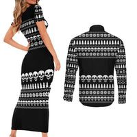 Creepy Christmas Couples Matching Short Sleeve Bodycon Dress and Long Sleeve Button Shirt with Skulls Trees and Gothic Holiday Pattern - Wonder Print Shop