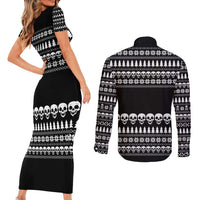Creepy Christmas Couples Matching Short Sleeve Bodycon Dress and Long Sleeve Button Shirt with Skulls Trees and Gothic Holiday Pattern - Wonder Print Shop