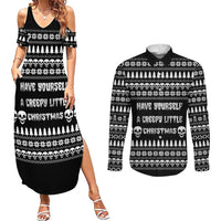 Creepy Christmas Couples Matching Summer Maxi Dress and Long Sleeve Button Shirt with Skulls Trees and Gothic Holiday Pattern - Wonder Print Shop