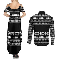 Creepy Christmas Couples Matching Summer Maxi Dress and Long Sleeve Button Shirt with Skulls Trees and Gothic Holiday Pattern - Wonder Print Shop