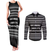 Creepy Christmas Couples Matching Tank Maxi Dress and Long Sleeve Button Shirt with Skulls Trees and Gothic Holiday Pattern - Wonder Print Shop
