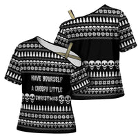 Creepy Christmas Cross Shoulder Shirt with Skulls Trees and Gothic Holiday Pattern - Wonder Print Shop