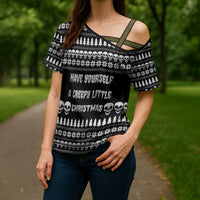 Creepy Christmas Cross Shoulder Shirt with Skulls Trees and Gothic Holiday Pattern - Wonder Print Shop