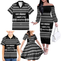 Creepy Christmas Family Matching Off The Shoulder Long Sleeve Dress and Hawaiian Shirt with Skulls Trees and Gothic Holiday Pattern - Wonder Print Shop