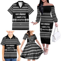 Creepy Christmas Family Matching Off The Shoulder Long Sleeve Dress and Hawaiian Shirt with Skulls Trees and Gothic Holiday Pattern - Wonder Print Shop