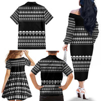 Creepy Christmas Family Matching Off The Shoulder Long Sleeve Dress and Hawaiian Shirt with Skulls Trees and Gothic Holiday Pattern - Wonder Print Shop