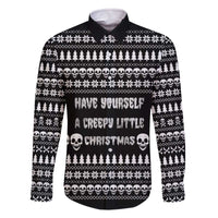 Creepy Christmas Family Matching Off The Shoulder Long Sleeve Dress and Hawaiian Shirt with Skulls Trees and Gothic Holiday Pattern - Wonder Print Shop