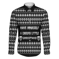 Creepy Christmas Family Matching Off The Shoulder Long Sleeve Dress and Hawaiian Shirt with Skulls Trees and Gothic Holiday Pattern - Wonder Print Shop