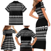 Creepy Christmas Family Matching Short Sleeve Bodycon Dress and Hawaiian Shirt with Skulls Trees and Gothic Holiday Pattern - Wonder Print Shop