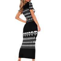 Creepy Christmas Family Matching Short Sleeve Bodycon Dress and Hawaiian Shirt with Skulls Trees and Gothic Holiday Pattern - Wonder Print Shop