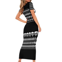 Creepy Christmas Family Matching Short Sleeve Bodycon Dress and Hawaiian Shirt with Skulls Trees and Gothic Holiday Pattern - Wonder Print Shop