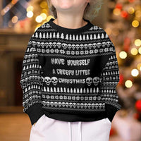 Creepy Christmas Kid Ugly Christmas Sweater with Skulls Trees and Gothic Holiday Pattern - Wonder Print Shop