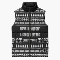 Creepy Christmas Sleeveless Puffer Jacket with Skulls Trees and Gothic Holiday Pattern - Wonder Print Shop