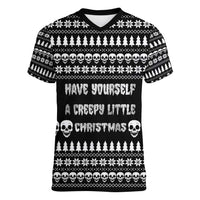 Creepy Christmas Women V-Neck T-Shirt with Skulls Trees and Gothic Holiday Pattern - Wonder Print Shop