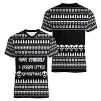 Creepy Christmas Women V-Neck T-Shirt with Skulls Trees and Gothic Holiday Pattern - Wonder Print Shop