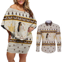 Guinea Pig Christmas Couples Matching Off Shoulder Short Dress and Long Sleeve Button Shirt with Snowflakes Trees and Reindeer Pattern - Wonder Print Shop