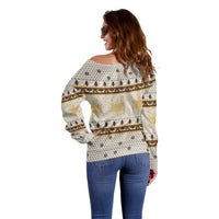 Guinea Pig Christmas Off Shoulder Sweater with Snowflakes Trees and Reindeer Pattern - Wonder Print Shop