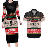 Hiking Christmas Couples Matching Long Sleeve Bodycon Dress and Hawaiian Shirt with Mountains Trees and Winter Holiday Pattern - Wonder Print Shop