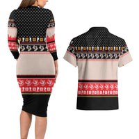 Hiking Christmas Couples Matching Long Sleeve Bodycon Dress and Hawaiian Shirt with Mountains Trees and Winter Holiday Pattern - Wonder Print Shop