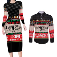 Hiking Christmas Couples Matching Long Sleeve Bodycon Dress and Long Sleeve Button Shirt with Mountains Trees and Winter Holiday Pattern - Wonder Print Shop