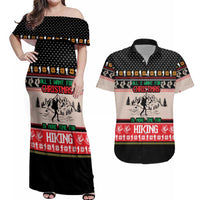 Hiking Christmas Couples Matching Off Shoulder Maxi Dress and Hawaiian Shirt with Mountains Trees and Winter Holiday Pattern - Wonder Print Shop
