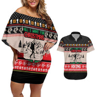 Hiking Christmas Couples Matching Off Shoulder Short Dress and Hawaiian Shirt with Mountains Trees and Winter Holiday Pattern - Wonder Print Shop