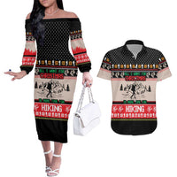 Hiking Christmas Couples Matching Off The Shoulder Long Sleeve Dress and Hawaiian Shirt with Mountains Trees and Winter Holiday Pattern - Wonder Print Shop
