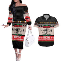 Hiking Christmas Couples Matching Off The Shoulder Long Sleeve Dress and Hawaiian Shirt with Mountains Trees and Winter Holiday Pattern - Wonder Print Shop