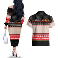Hiking Christmas Couples Matching Off The Shoulder Long Sleeve Dress and Hawaiian Shirt with Mountains Trees and Winter Holiday Pattern - Wonder Print Shop