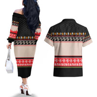 Hiking Christmas Couples Matching Off The Shoulder Long Sleeve Dress and Hawaiian Shirt with Mountains Trees and Winter Holiday Pattern - Wonder Print Shop