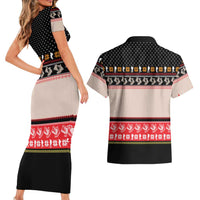 Hiking Christmas Couples Matching Short Sleeve Bodycon Dress and Hawaiian Shirt with Mountains Trees and Winter Holiday Pattern - Wonder Print Shop