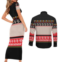 Hiking Christmas Couples Matching Short Sleeve Bodycon Dress and Long Sleeve Button Shirt with Mountains Trees and Winter Holiday Pattern - Wonder Print Shop