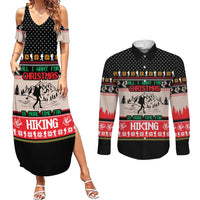 Hiking Christmas Couples Matching Summer Maxi Dress and Long Sleeve Button Shirt with Mountains Trees and Winter Holiday Pattern - Wonder Print Shop