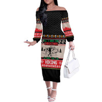 Hiking Christmas Off The Shoulder Long Sleeve Dress with Mountains Trees and Winter Holiday Pattern - Wonder Print Shop
