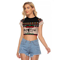 Hiking Christmas Raglan Cropped T Shirt with Mountains Trees and Winter Holiday Pattern - Wonder Print Shop