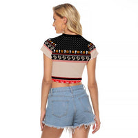 Hiking Christmas Raglan Cropped T Shirt with Mountains Trees and Winter Holiday Pattern - Wonder Print Shop