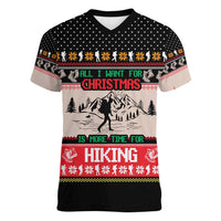 Hiking Christmas Women V-Neck T-Shirt with Mountains Trees and Winter Holiday Pattern - Wonder Print Shop