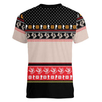 Hiking Christmas Women V-Neck T-Shirt with Mountains Trees and Winter Holiday Pattern - Wonder Print Shop