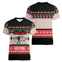 Hiking Christmas Women V-Neck T-Shirt with Mountains Trees and Winter Holiday Pattern - Wonder Print Shop