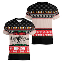 Hiking Christmas Women V-Neck T-Shirt with Mountains Trees and Winter Holiday Pattern - Wonder Print Shop