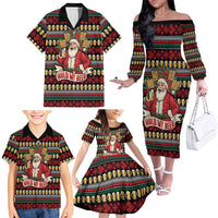 Santa Hold My Beer Christmas Family Matching Off The Shoulder Long Sleeve Dress and Hawaiian Shirt with Beer Mugs and Holiday Pattern - Wonder Print Shop
