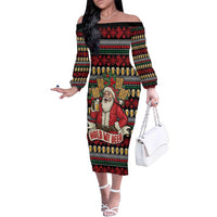 Santa Hold My Beer Christmas Family Matching Off The Shoulder Long Sleeve Dress and Hawaiian Shirt with Beer Mugs and Holiday Pattern - Wonder Print Shop