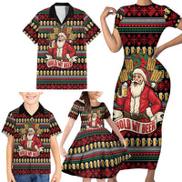 Santa Hold My Beer Christmas Family Matching Short Sleeve Bodycon Dress and Hawaiian Shirt with Beer Mugs and Holiday Pattern - Wonder Print Shop