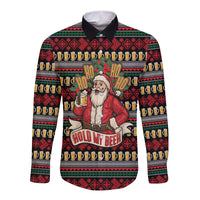 Santa Hold My Beer Christmas Long Sleeve Button Shirt with Beer Mugs and Holiday Pattern - Wonder Print Shop