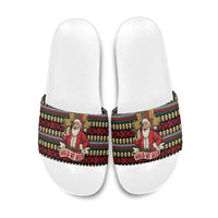 Santa Hold My Beer Christmas Slide Sandals with Beer Mugs and Holiday Pattern - Wonder Print Shop